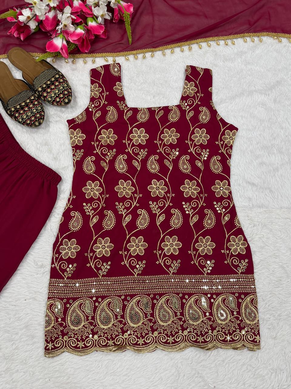 Deep Ruby Floral-Embroidered Silk Set